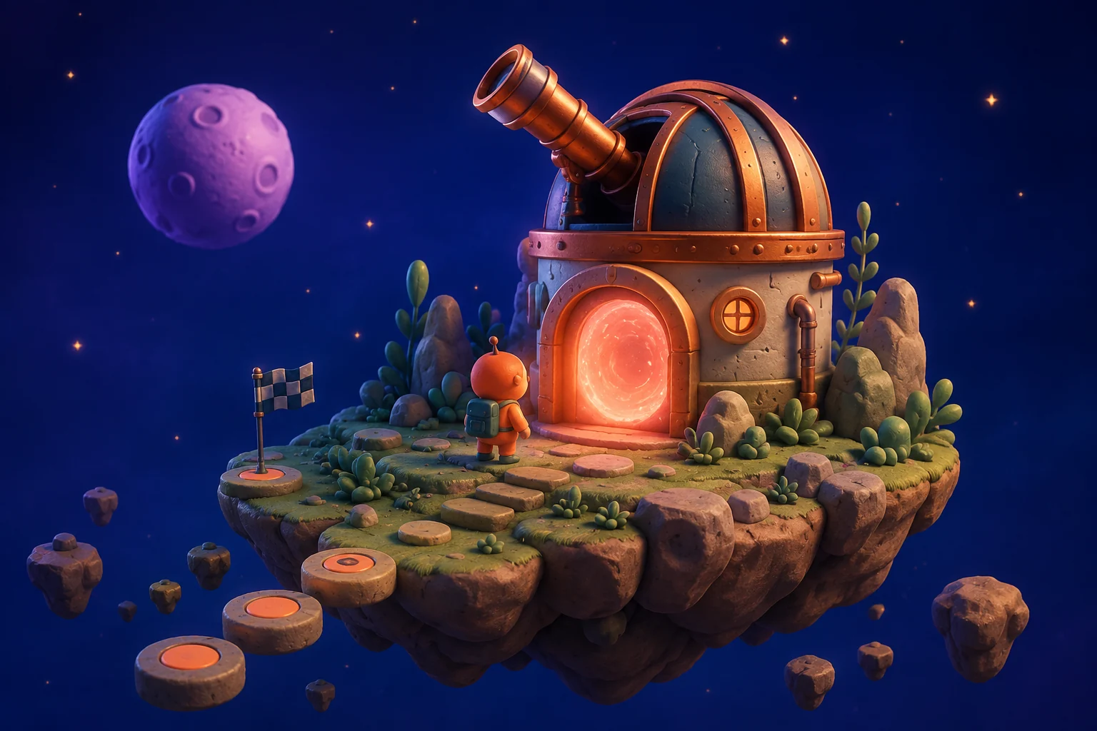 An illustrated island observatory with a copper telescope under an indigo sky.